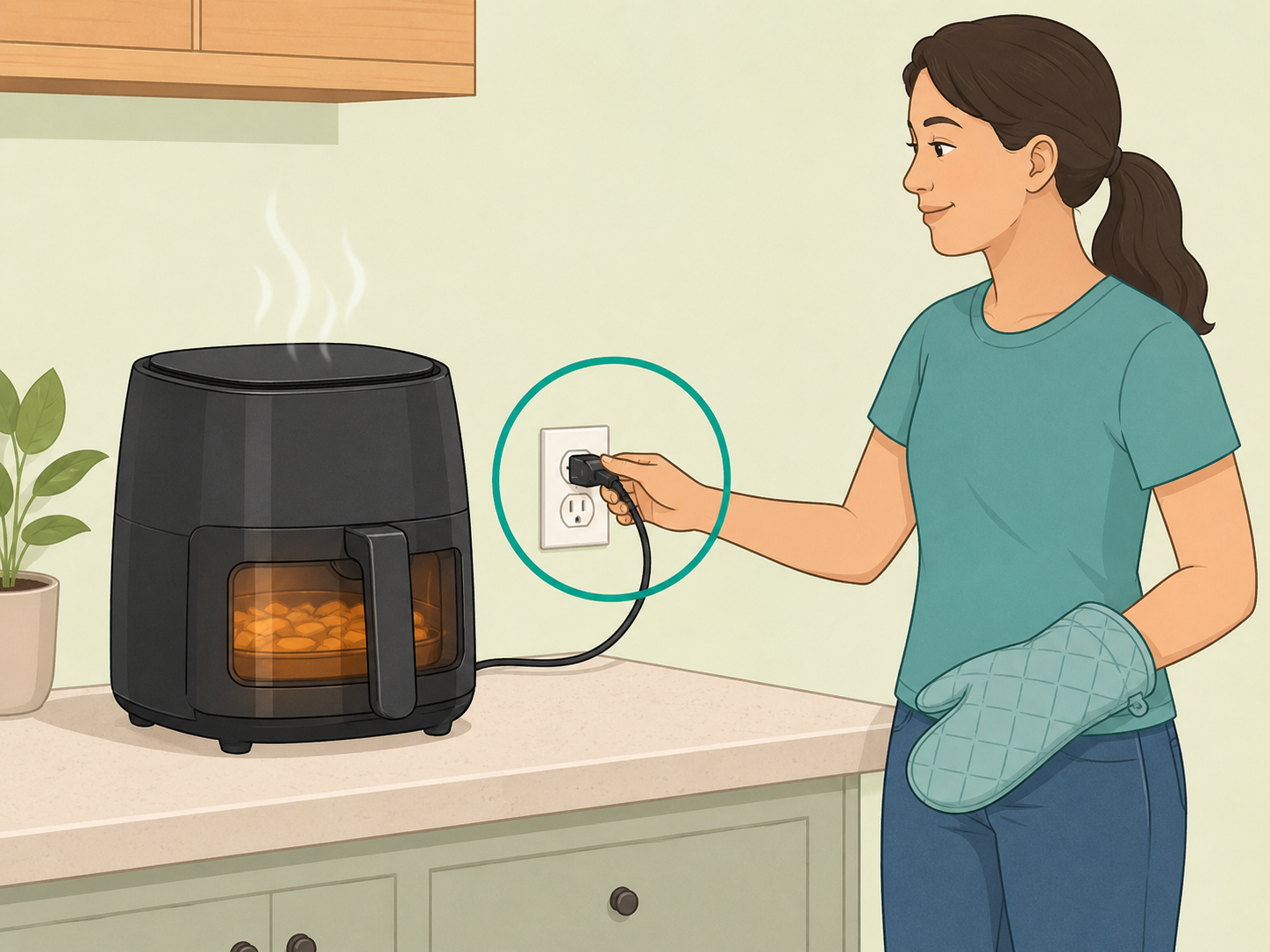 Person staying near an air fryer and unplugging it after cooking.