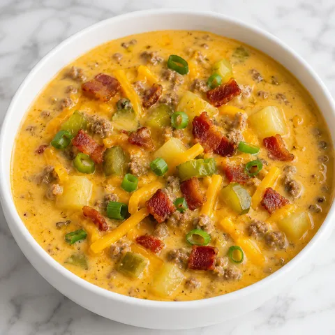 Bacon Cheeseburger Soup with bacon, cheddar, pickles, and scallions