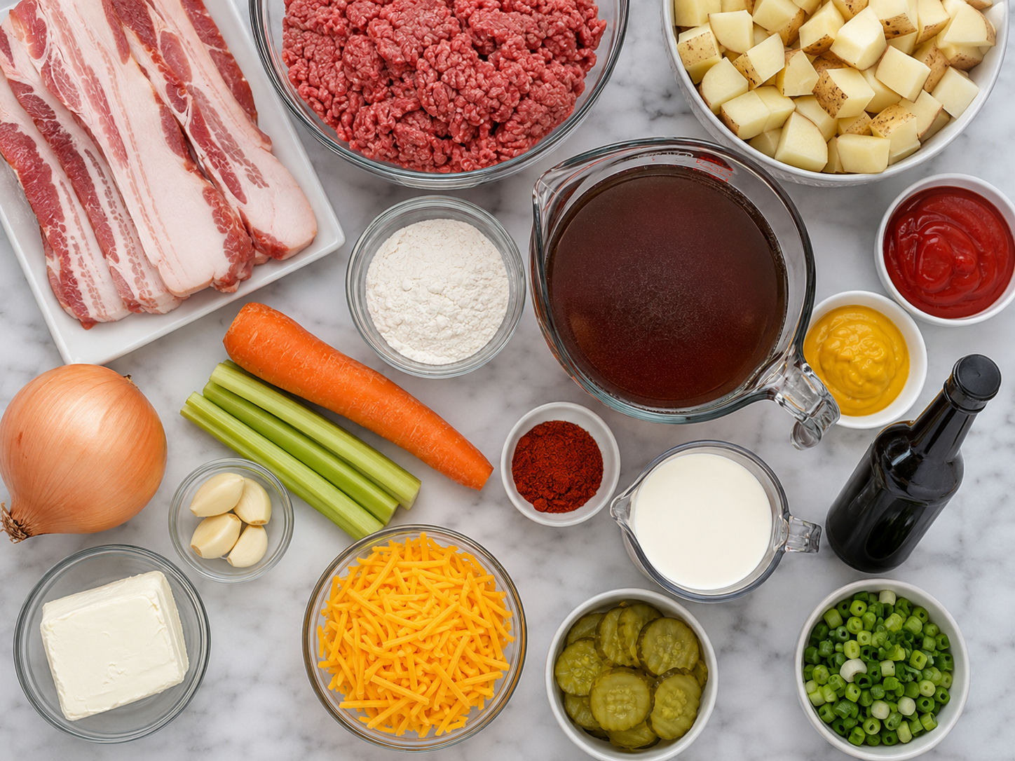 Ingredients for Bacon Cheeseburger Soup with beef, bacon, potatoes, and cheddar