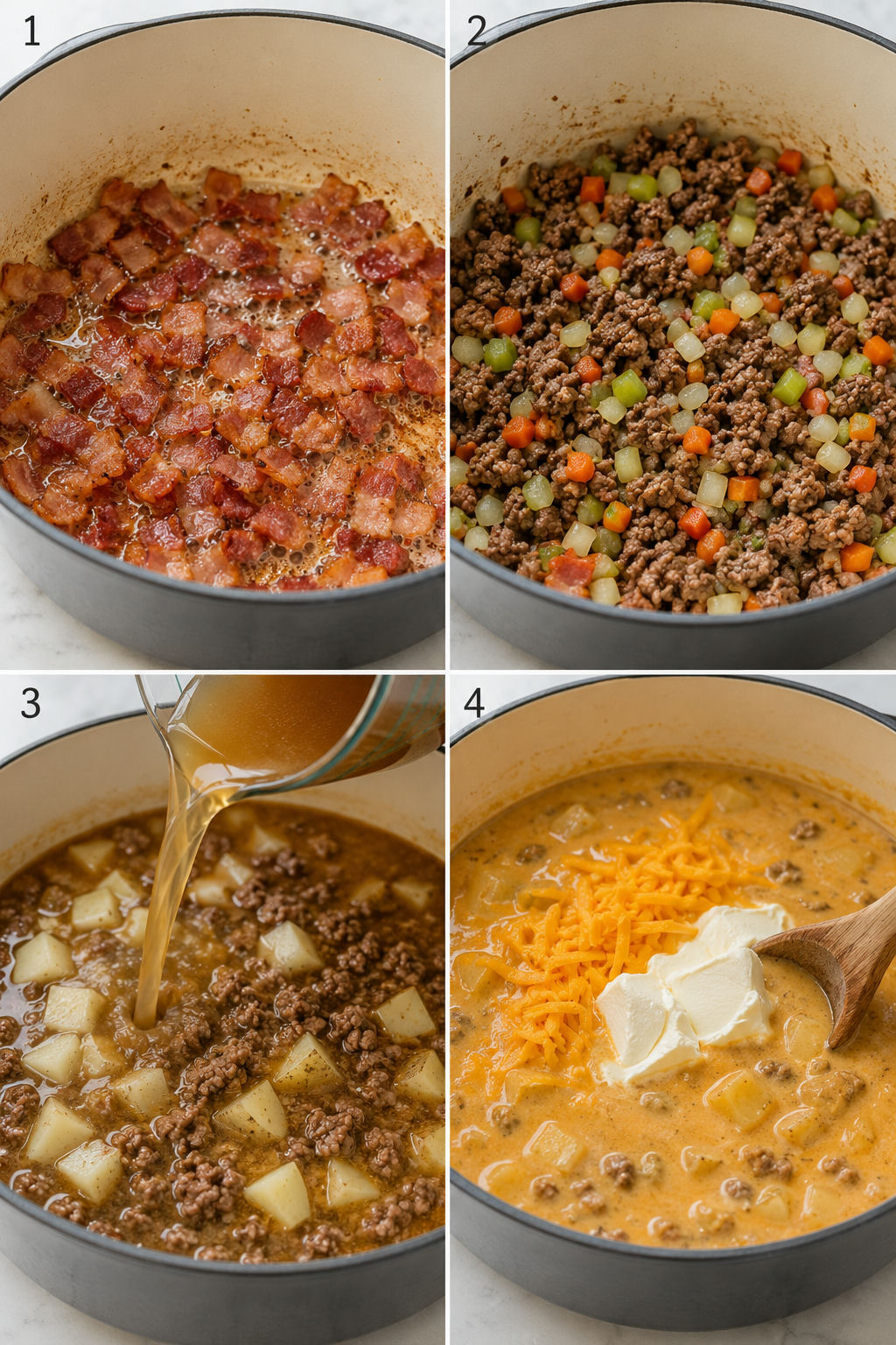 Four cooking steps for Bacon Cheeseburger Soup in a Dutch oven