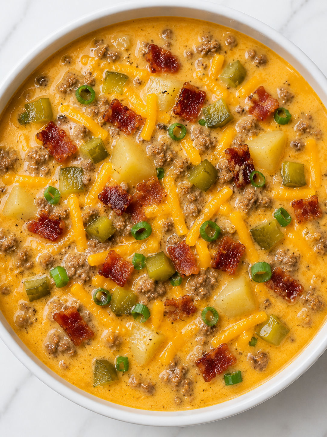 Top-down bowl of Bacon Cheeseburger Soup with bacon, pickles, and cheddar