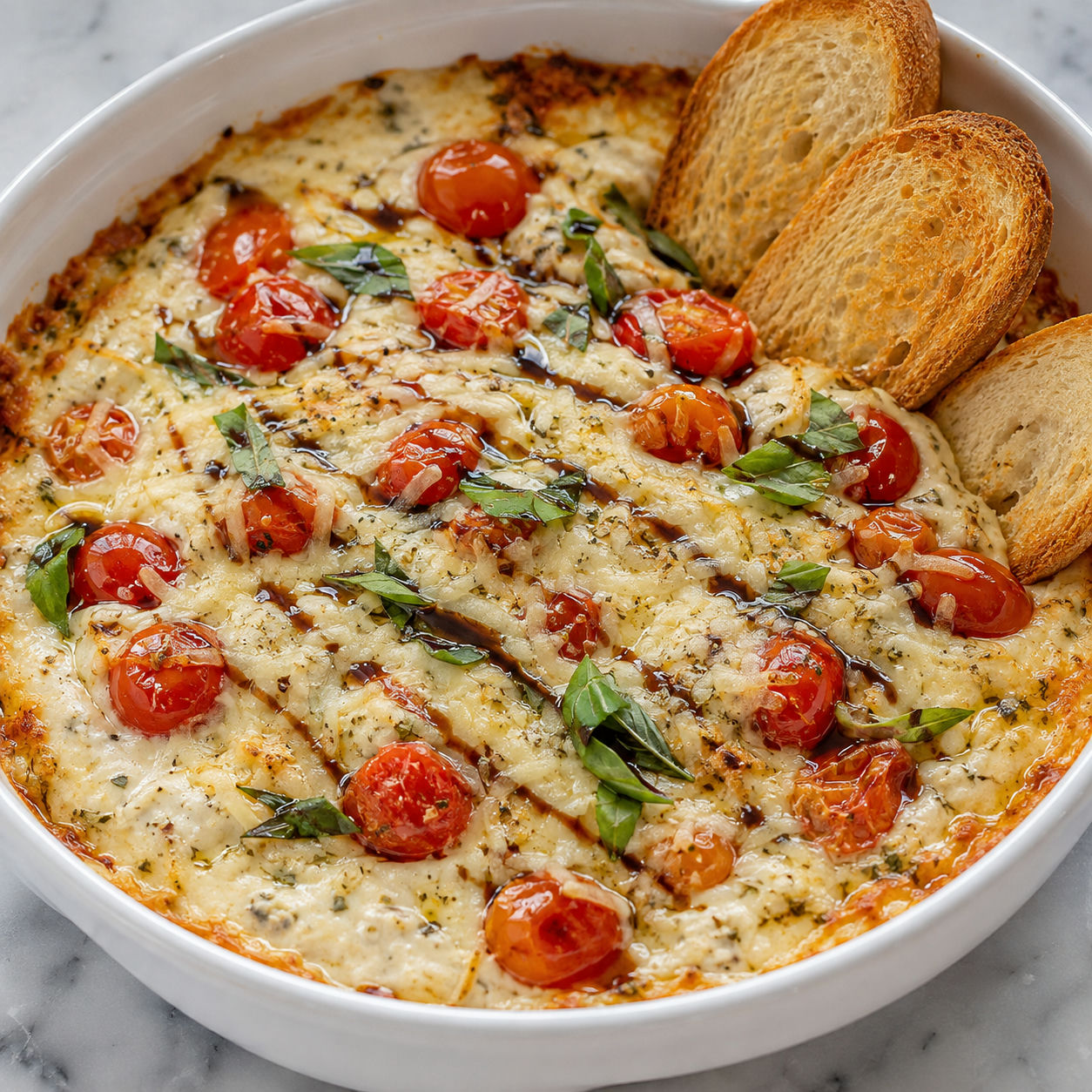 Baked Boursin bruschetta dip with tomatoes, basil, and toasted baguette