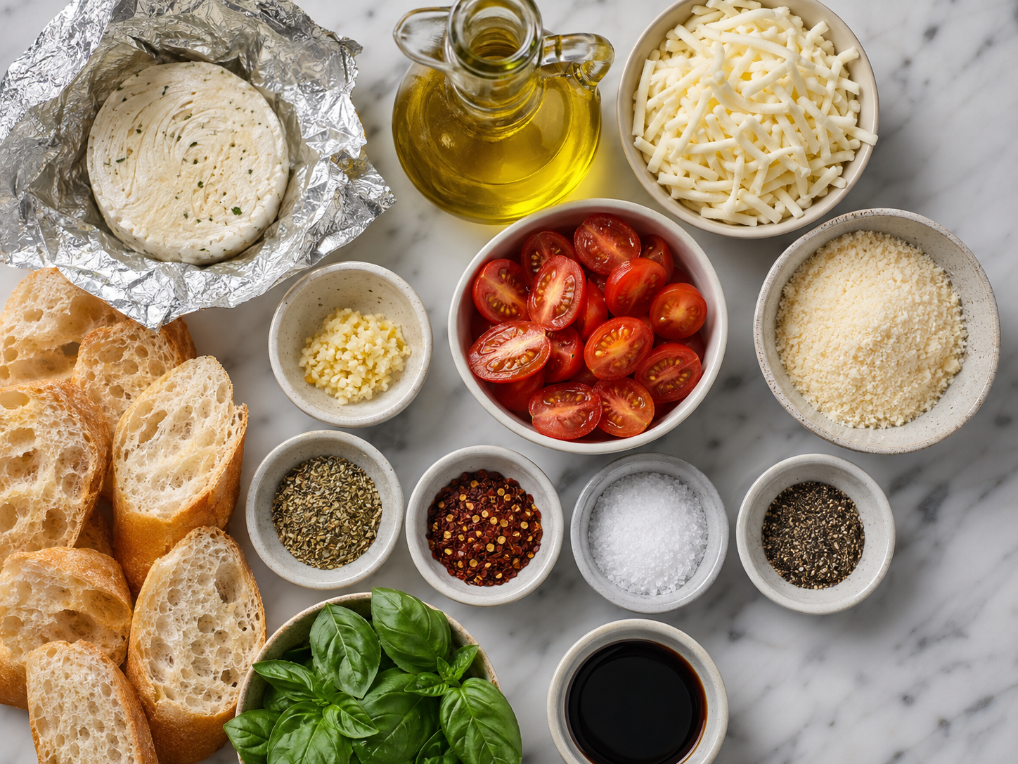 Ingredients for Baked Boursin bruschetta dip with tomatoes and basil