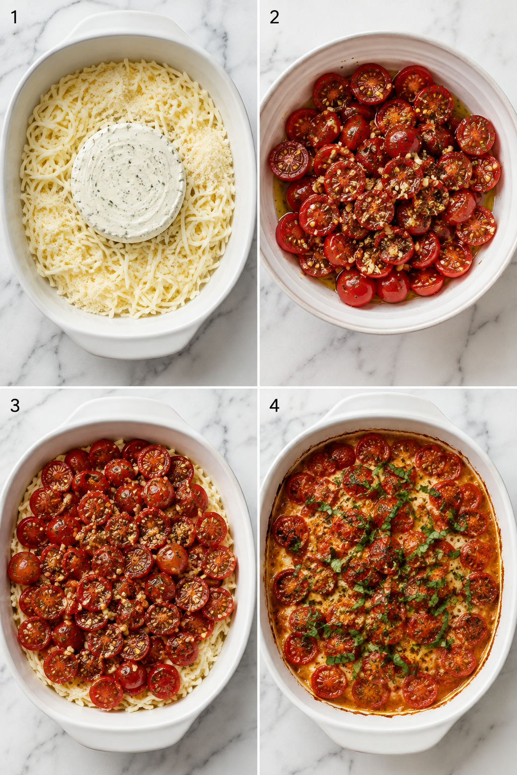 Four cooking steps for Baked Boursin bruschetta dip