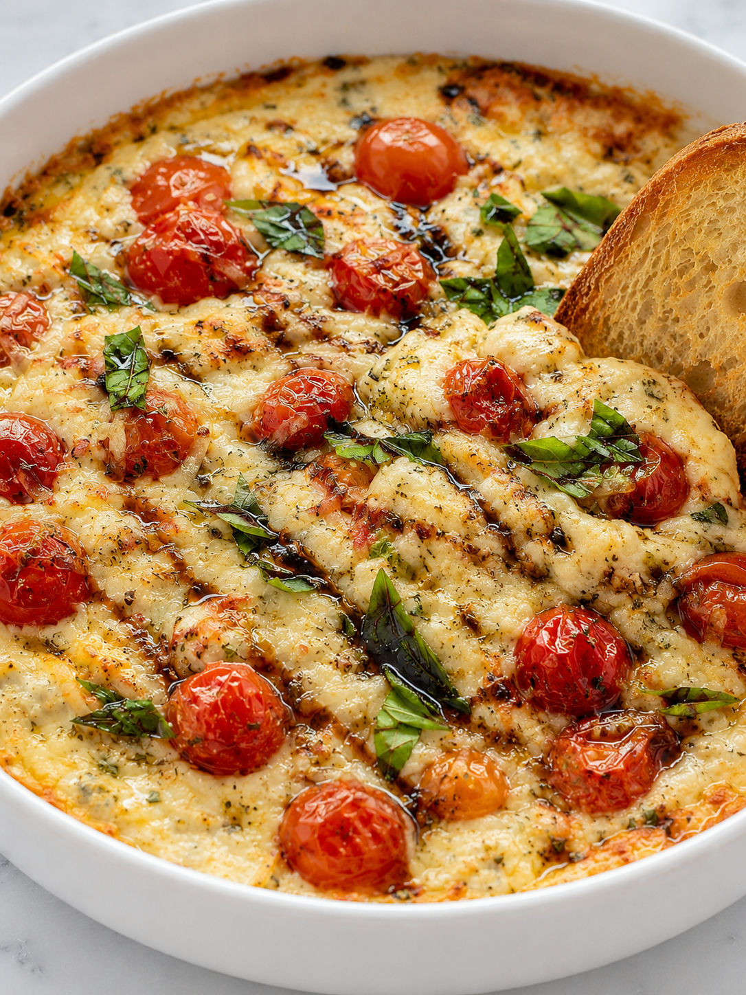 Baked Boursin bruschetta dip with a toasted baguette scoop