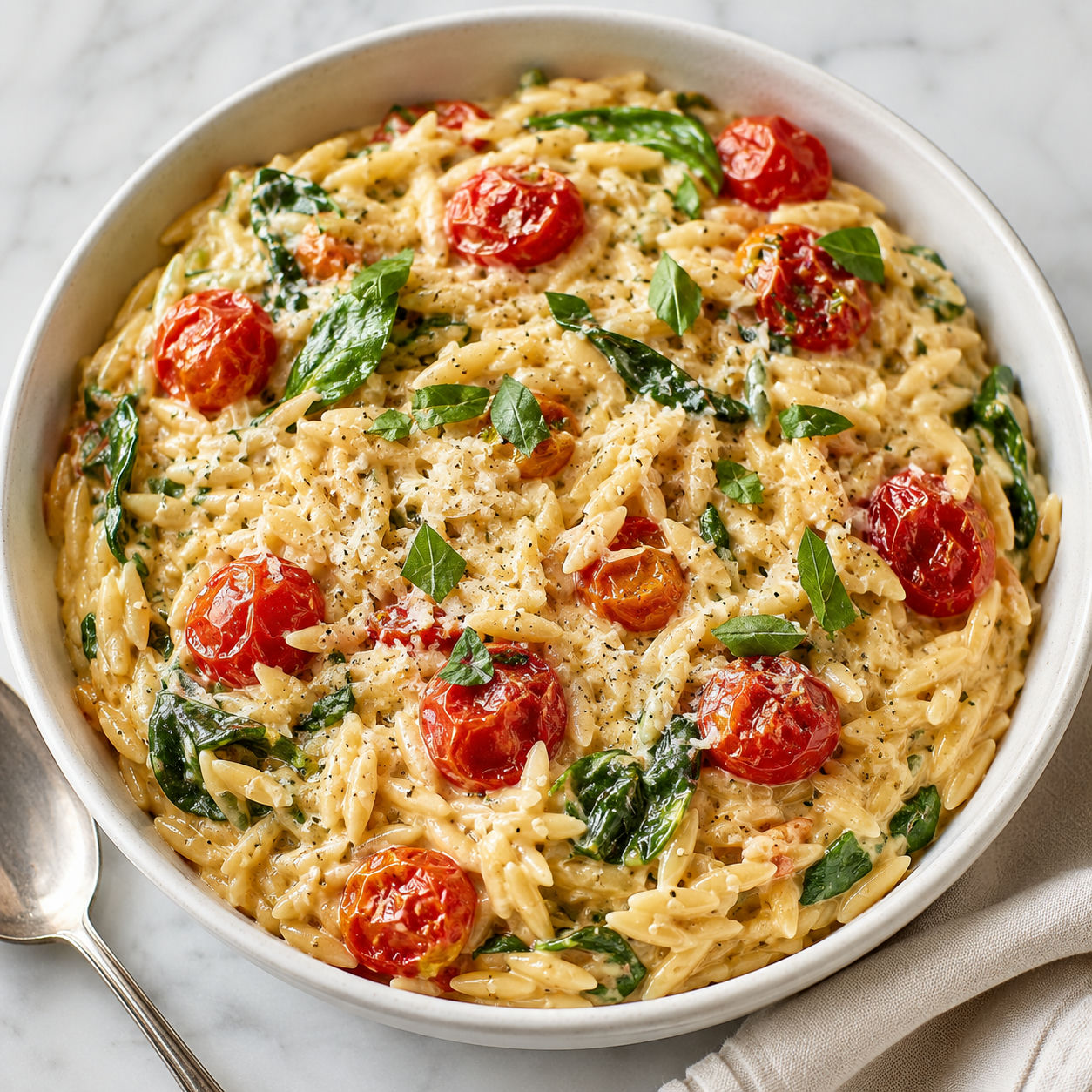Creamy Boursin tomato orzo with spinach, basil, and parmesan