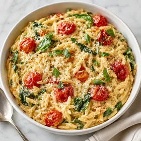 Creamy Boursin tomato orzo with spinach, basil, and parmesan