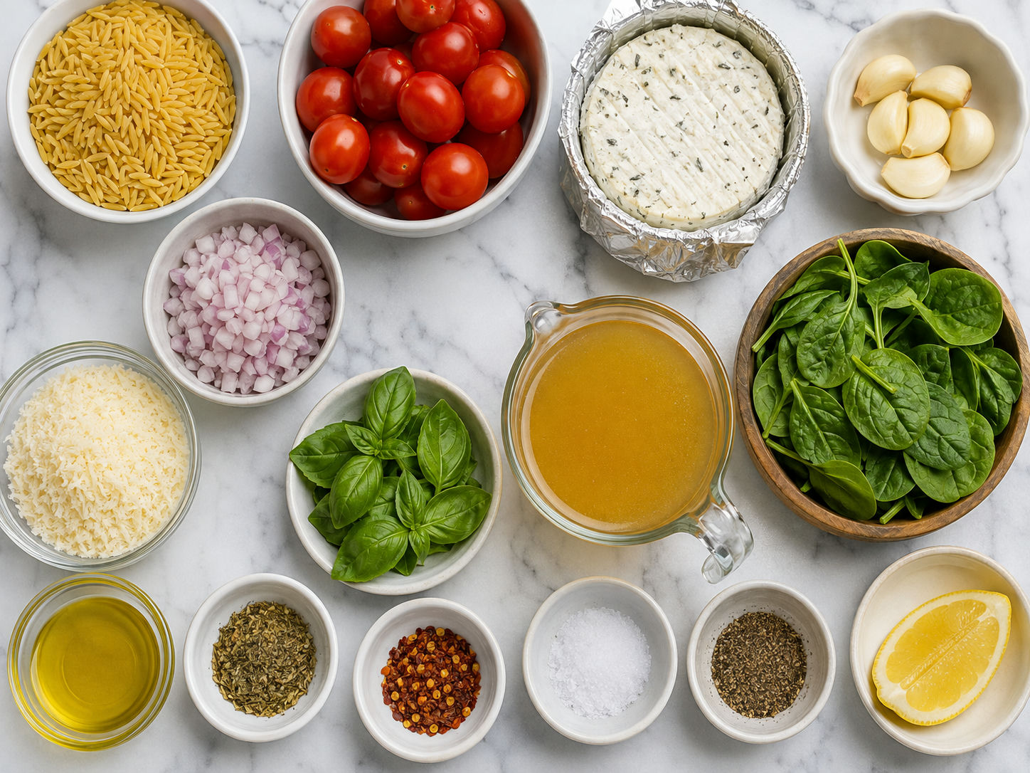 Ingredients for Boursin tomato orzo with tomatoes, spinach, and basil