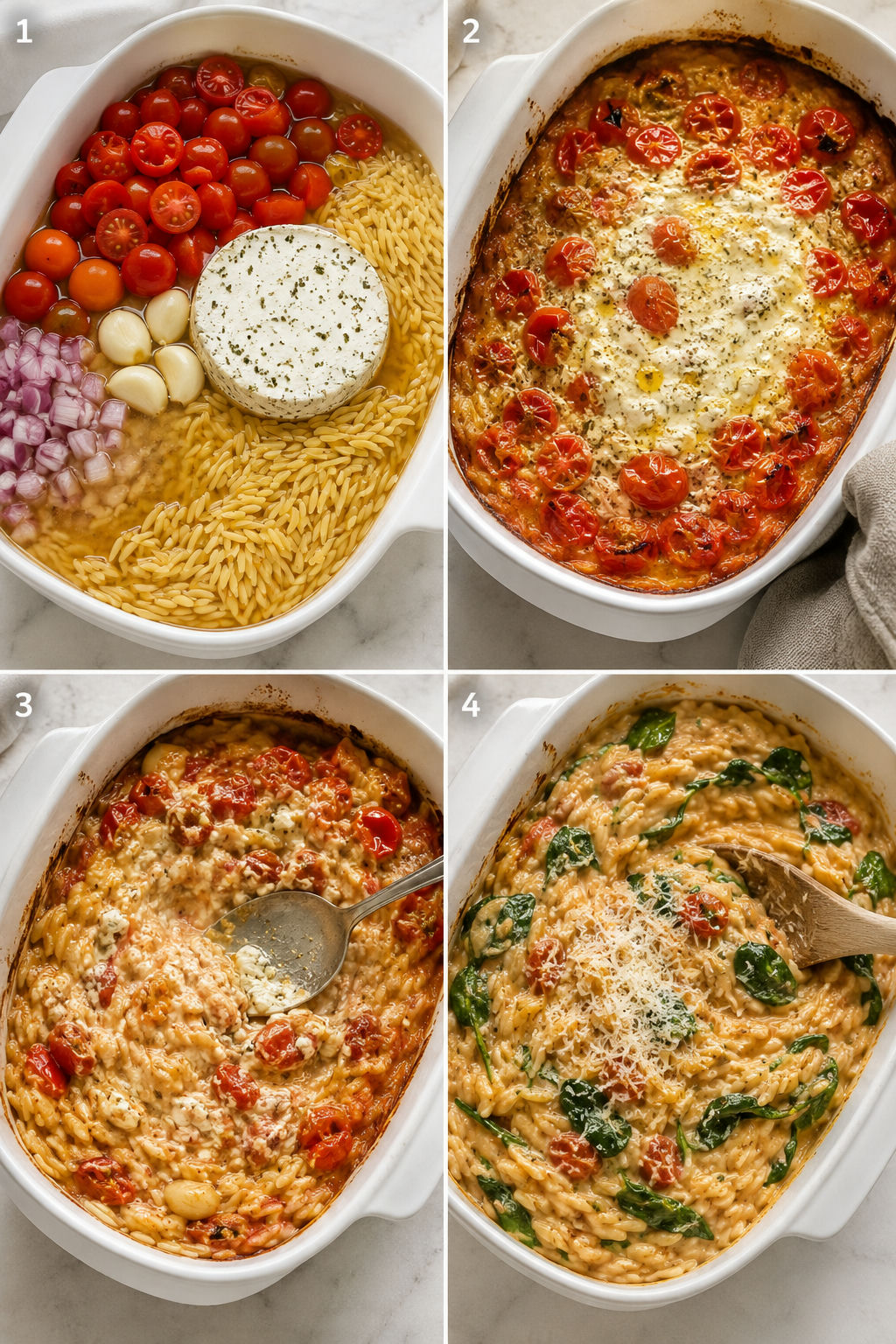 Four cooking steps for creamy Boursin tomato orzo in a baking dish