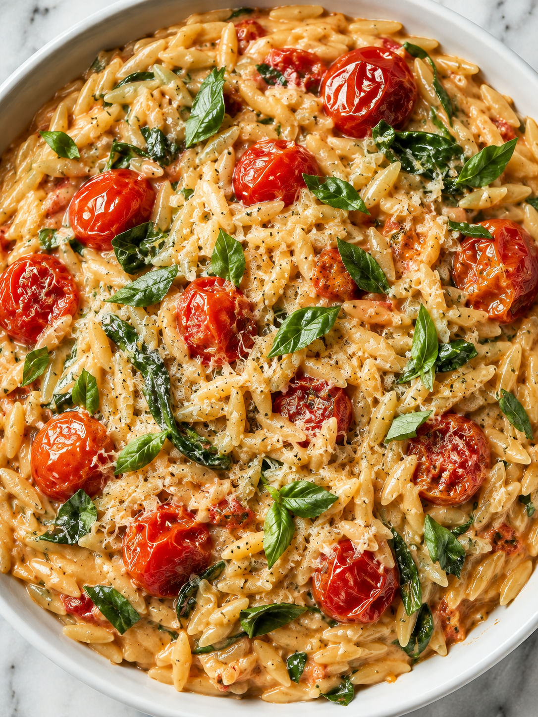Baked Boursin tomato orzo with basil, spinach, and parmesan