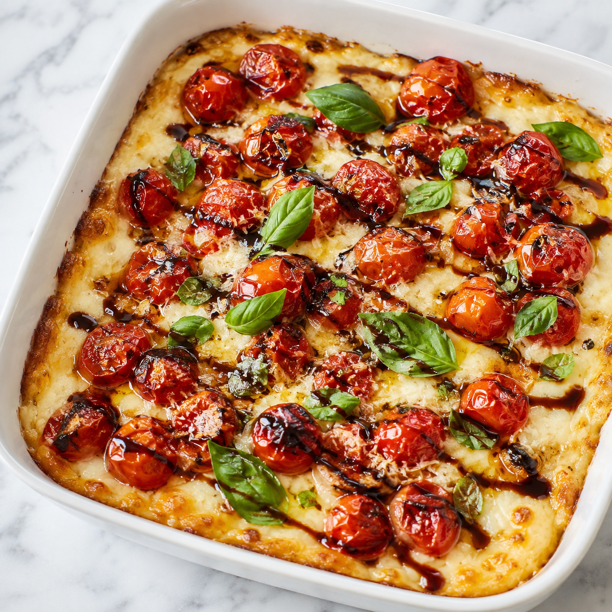 Baked bruschetta dip with melted cheese, tomatoes, basil, and balsamic glaze