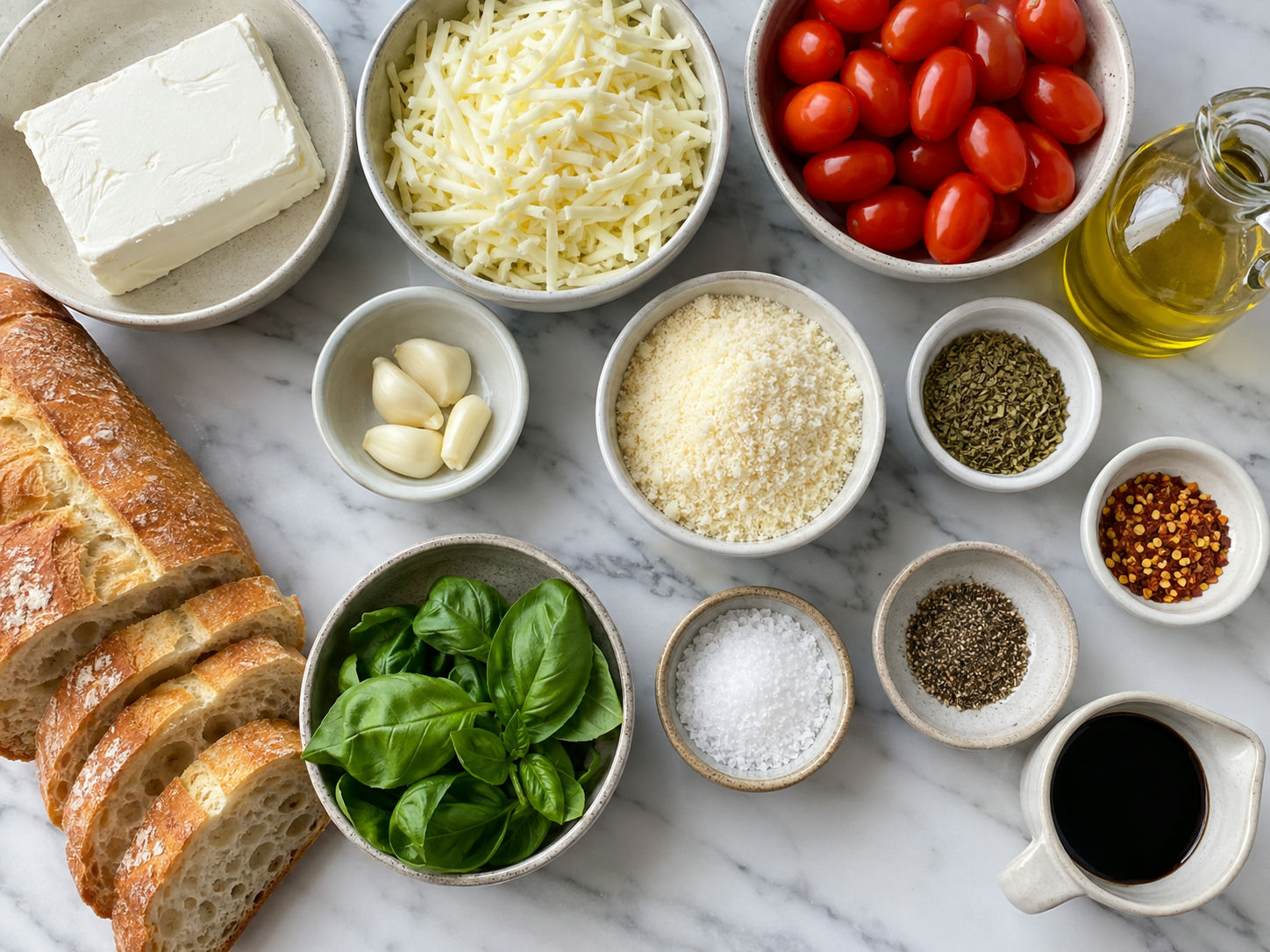 Ingredients for baked bruschetta dip with tomatoes, cheeses, basil, and baguette