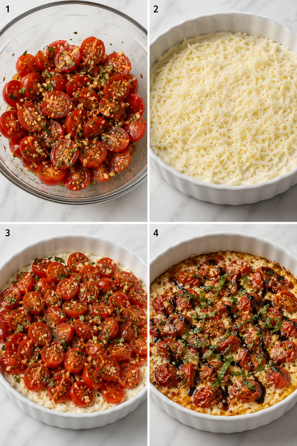 Four steps for making baked bruschetta dip with tomato topping and cheese