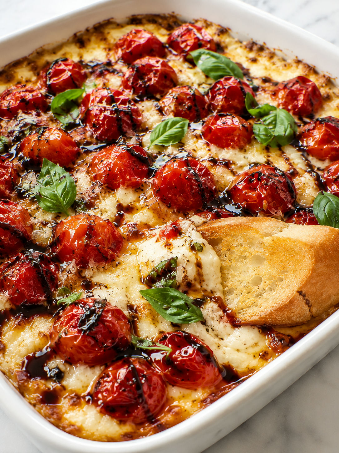 Baked bruschetta dip with bubbly cheese, tomatoes, basil, and crostini