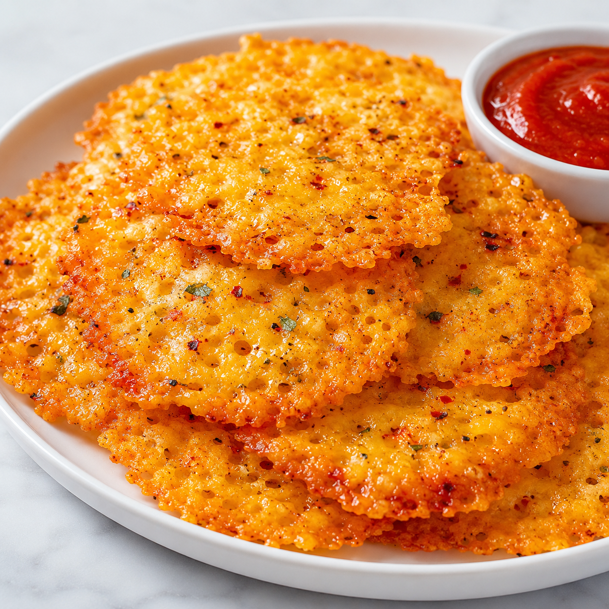 Baked cheese chips with golden edges and tomato dip on a plate