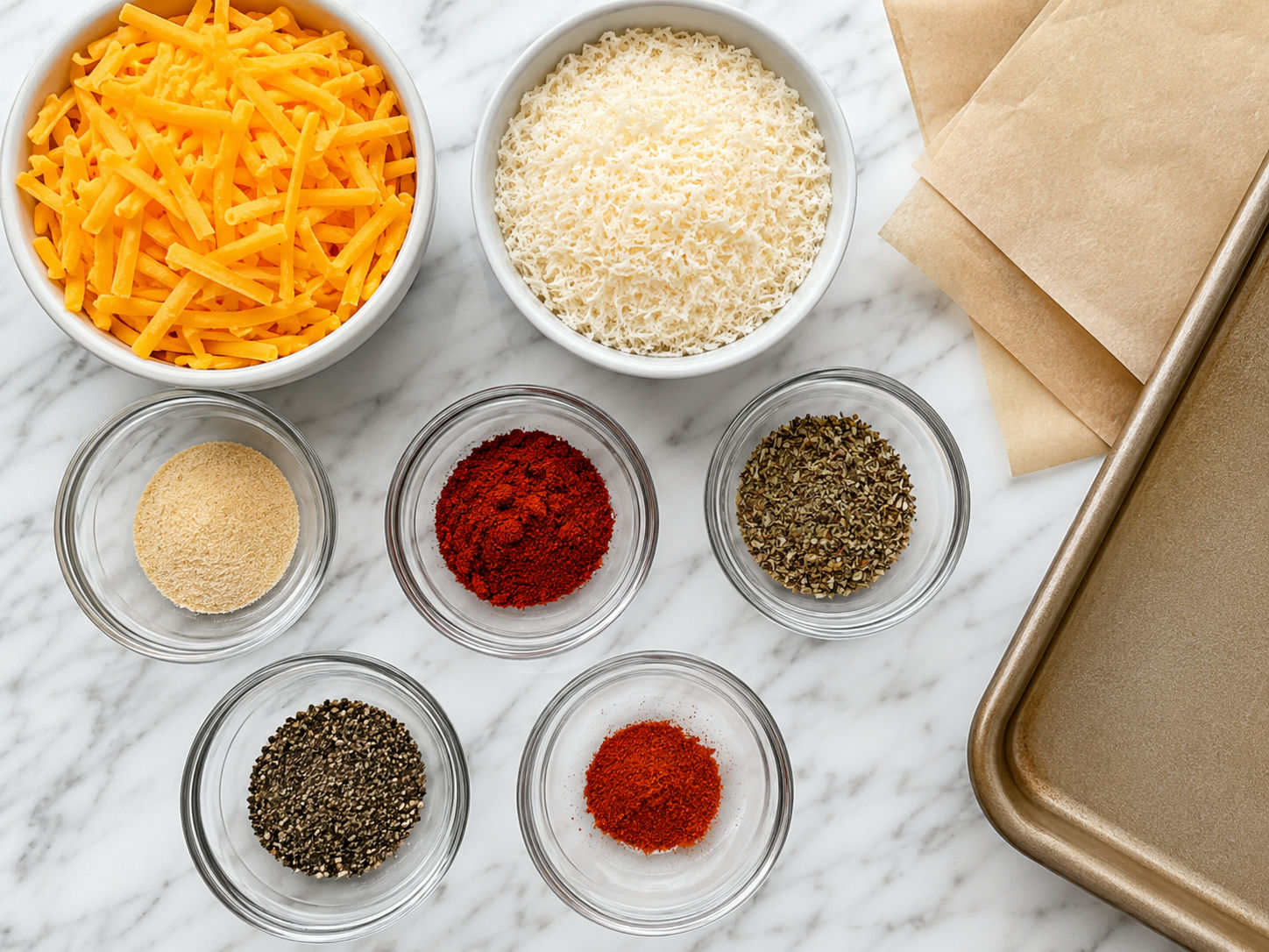 Cheddar, Parmesan, spices, and parchment for baked cheese chips