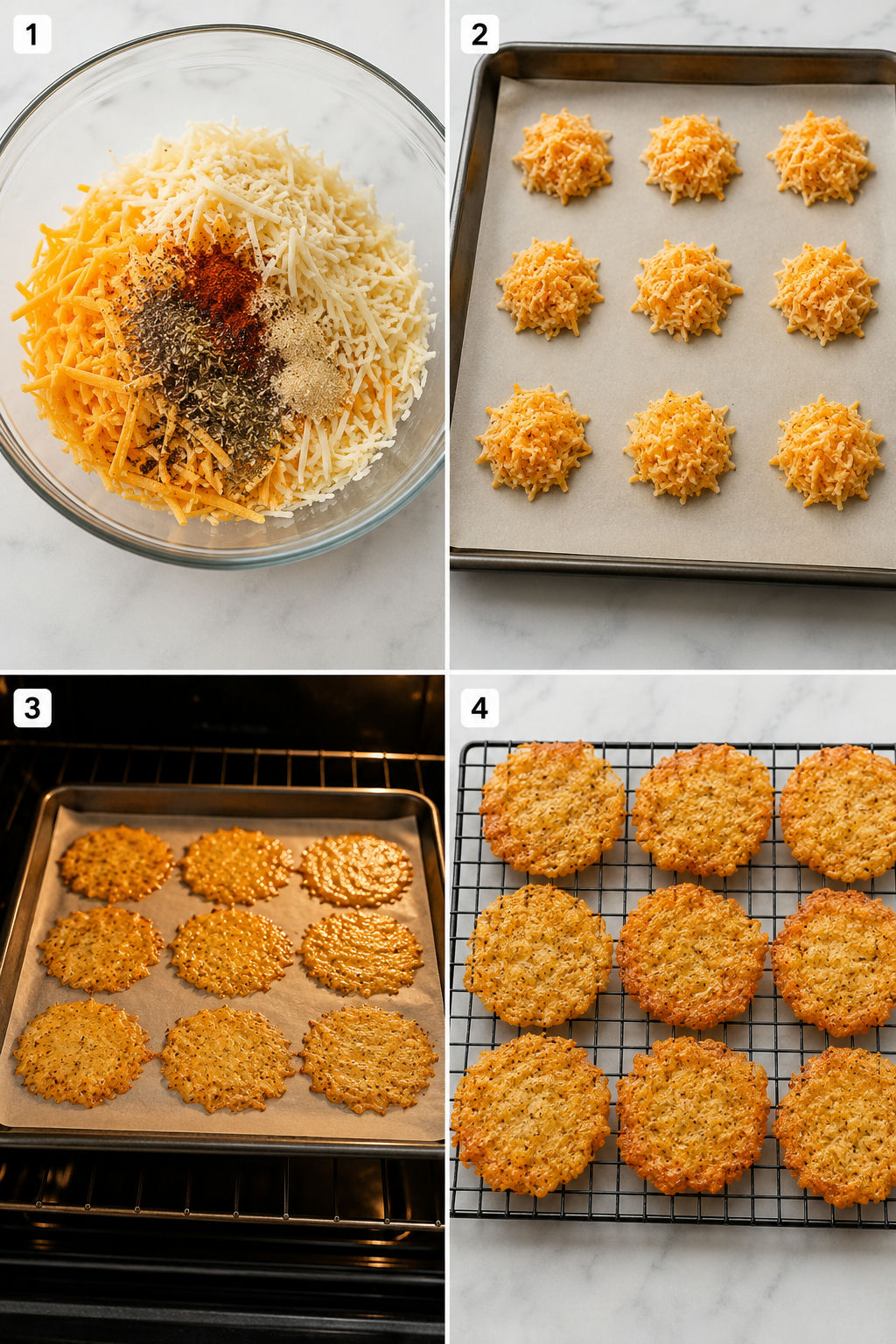 Four steps for making baked cheese chips from mixing to cooling
