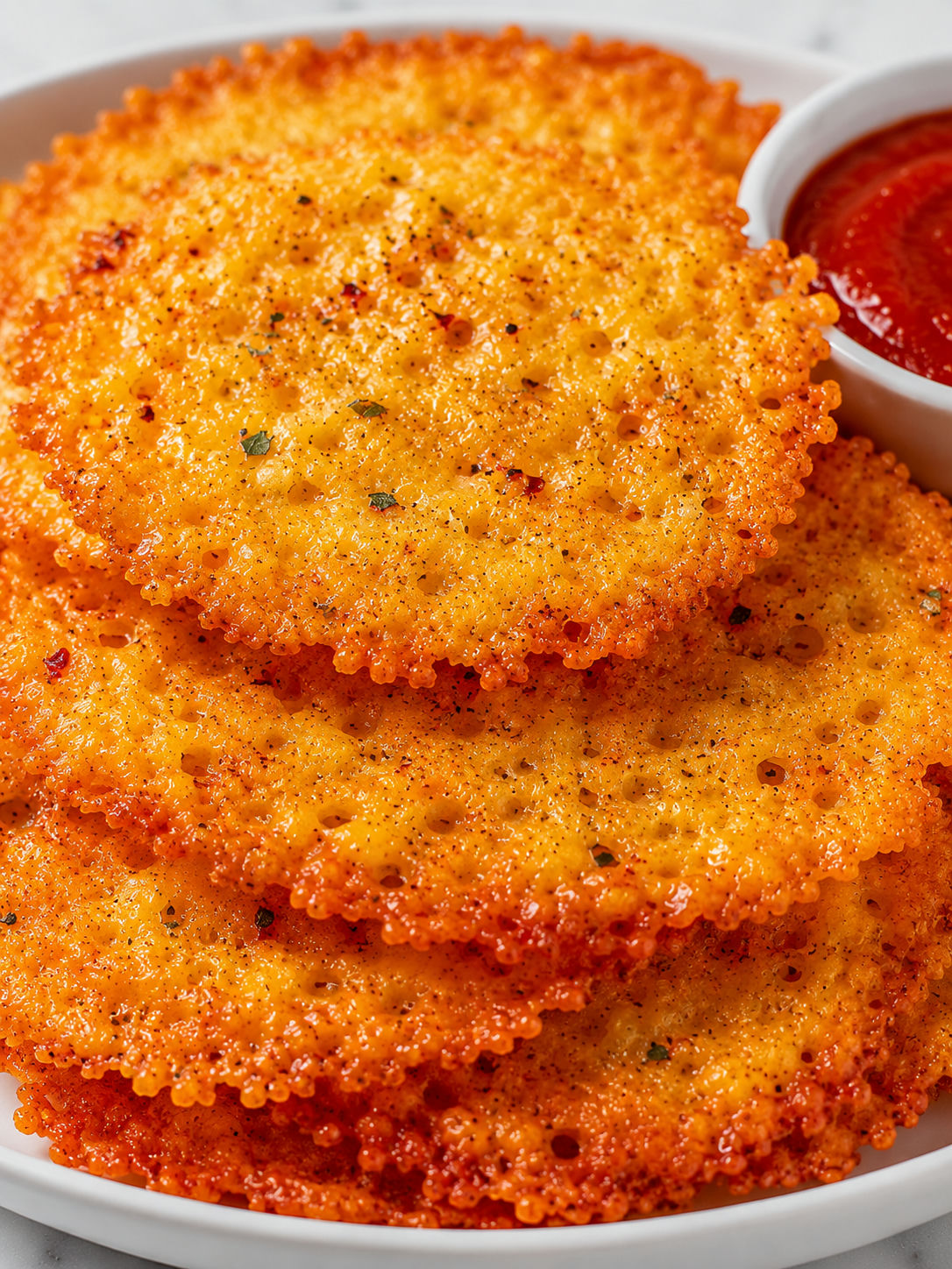 Crispy baked cheese chips stacked with browned lacy edges