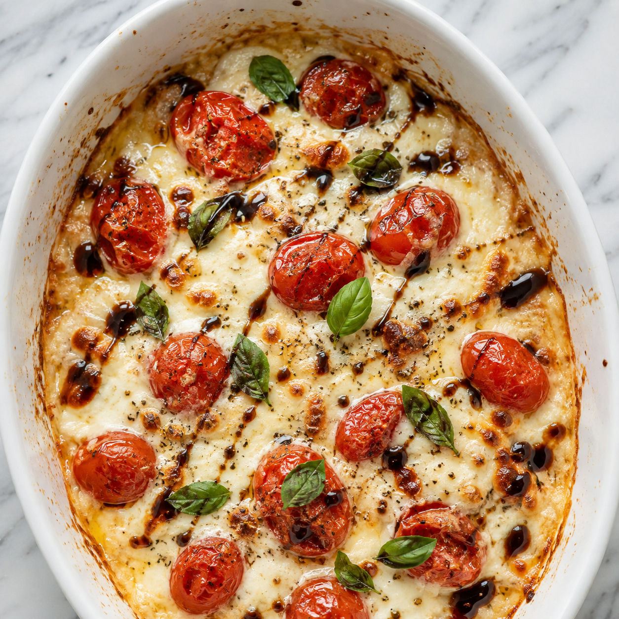 Baked cheesy tomato dip with basil, balsamic glaze, and toasted bread