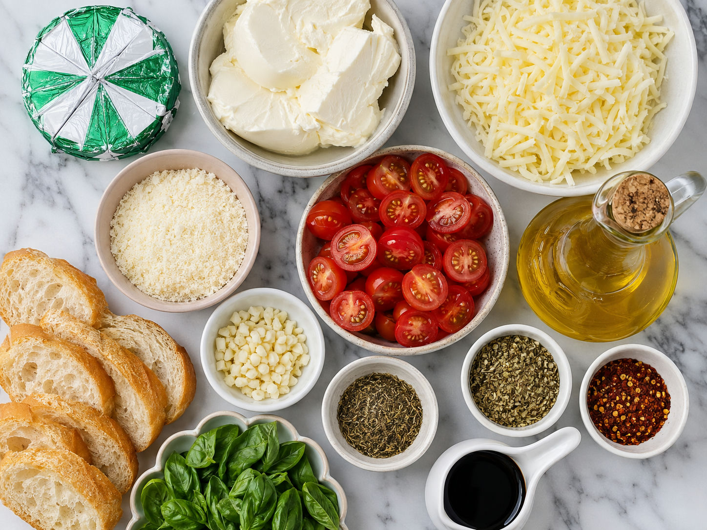 Ingredients for baked cheesy tomato dip with tomatoes, cheeses, basil, and bread