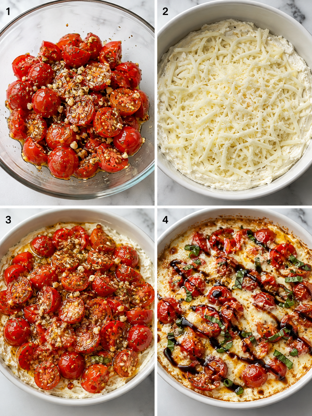 Four steps for making baked cheesy tomato dip with tomatoes and melted cheese