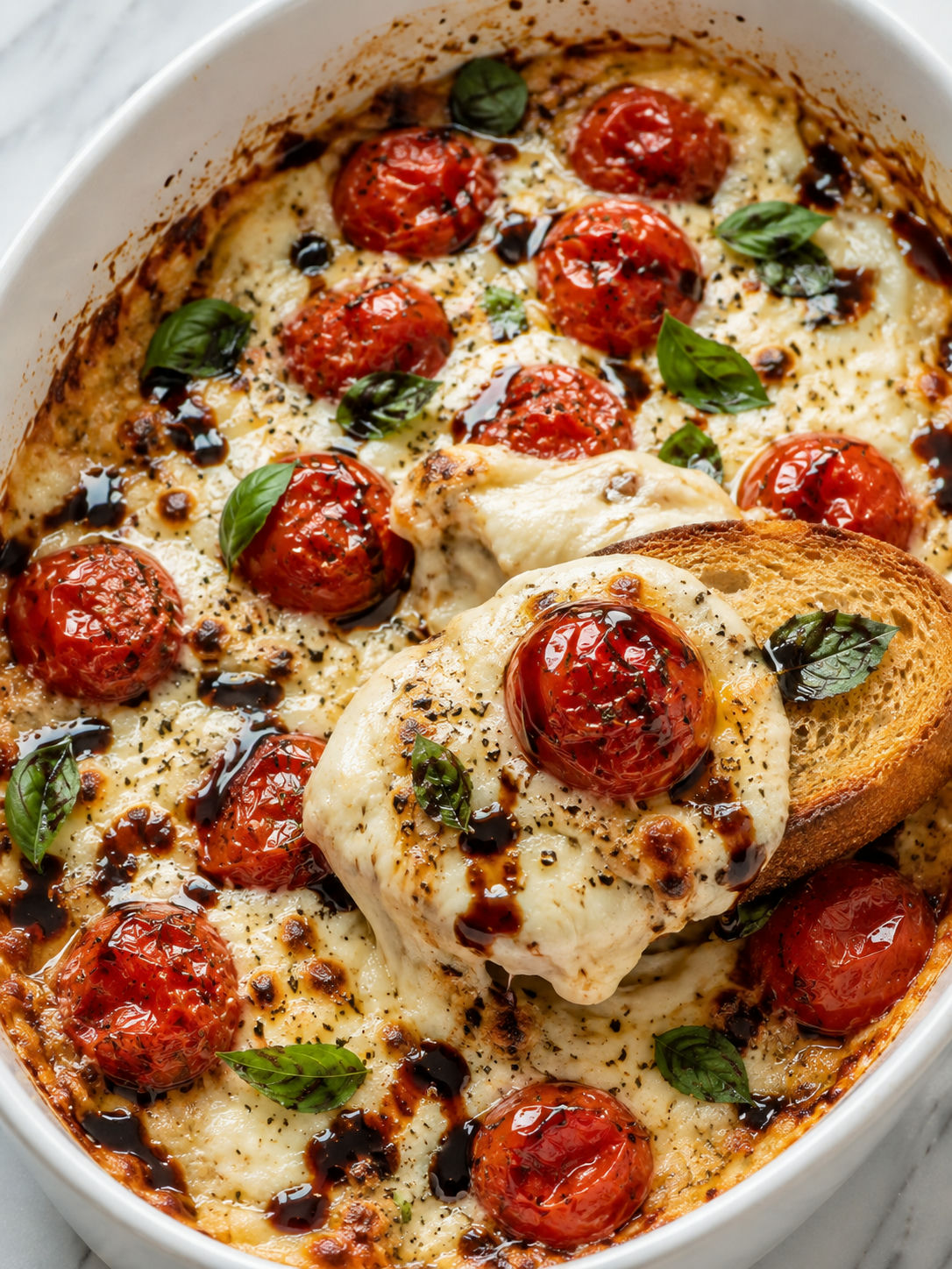 Baked cheesy tomato dip with a crostini lifting melted cheese and tomatoes