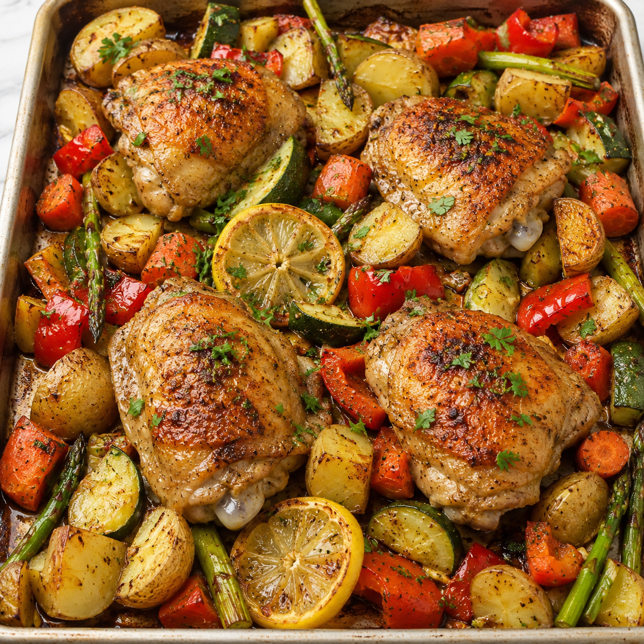 Baked chicken with roasted vegetables, lemon, and parsley on a sheet pan