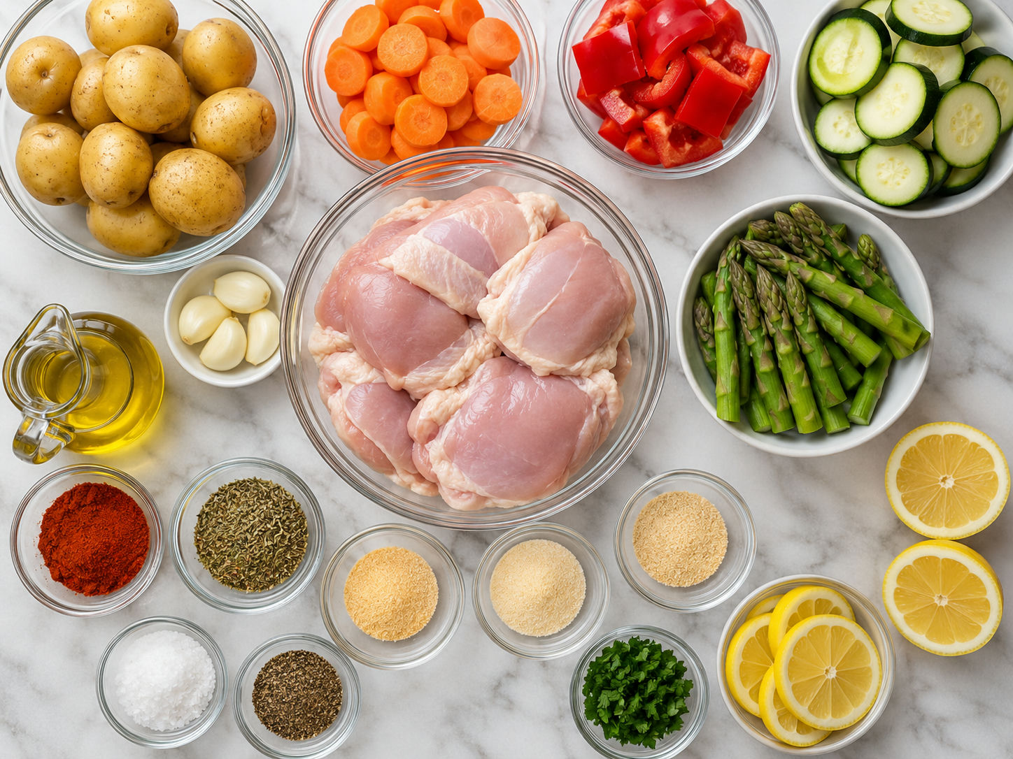 Raw chicken, vegetables, lemon, garlic, herbs, and spices for a sheet pan dinner