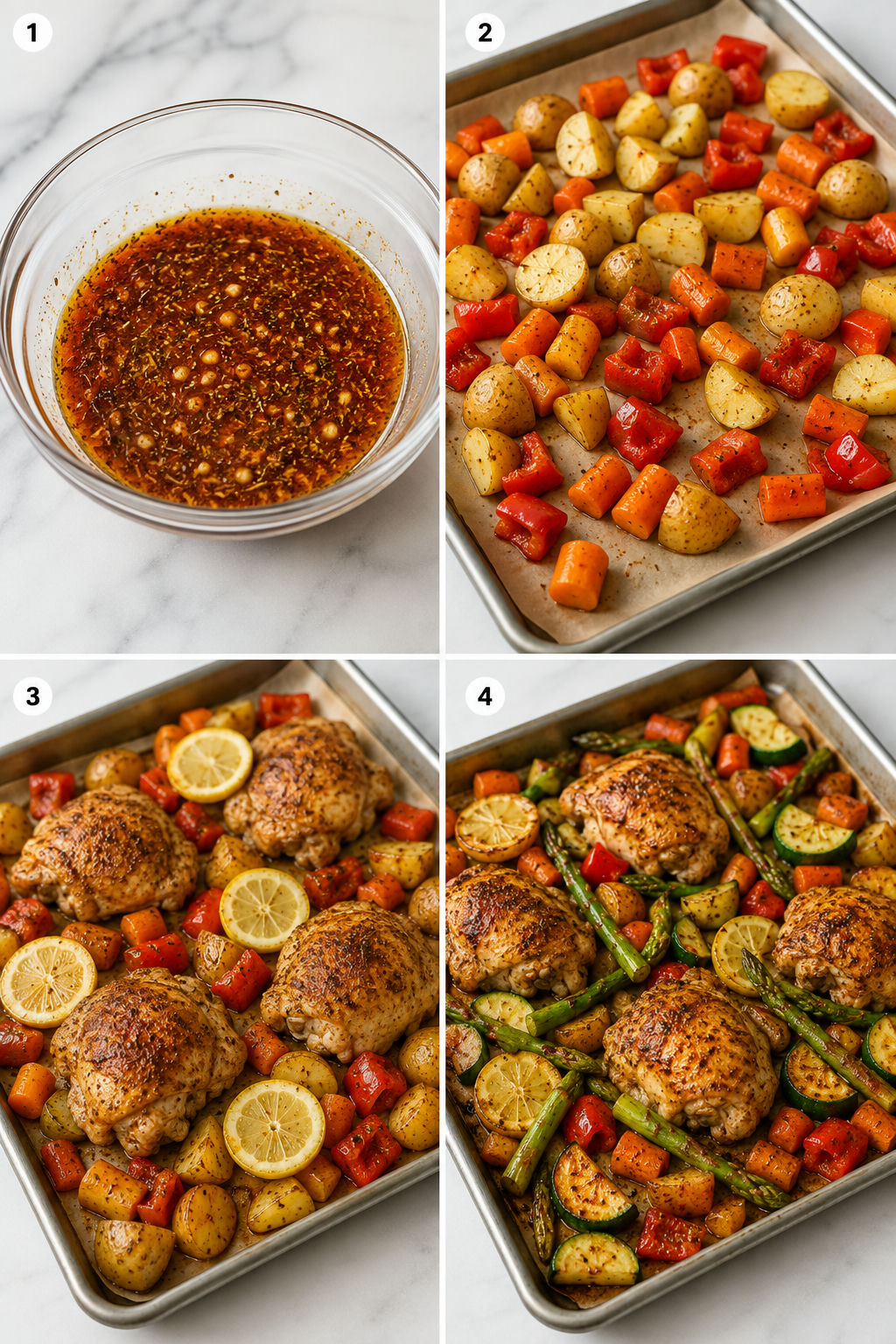 Four cooking steps for baked chicken with potatoes, carrots, zucchini, and asparagus