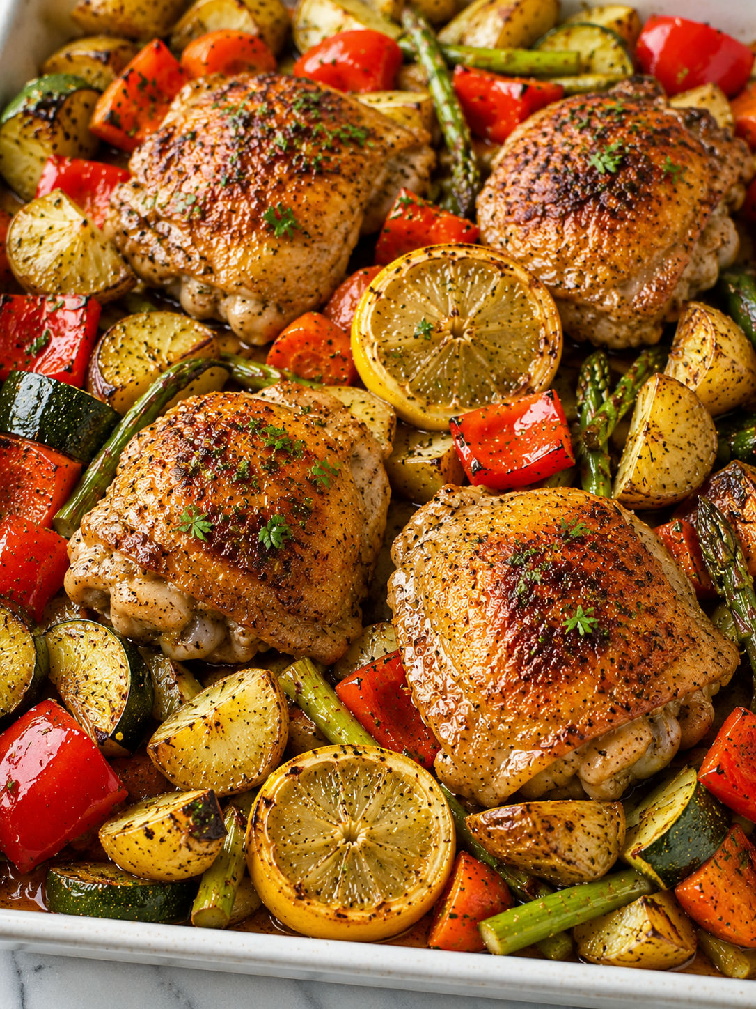 Golden baked chicken with roasted vegetables, lemon slices, and parsley
