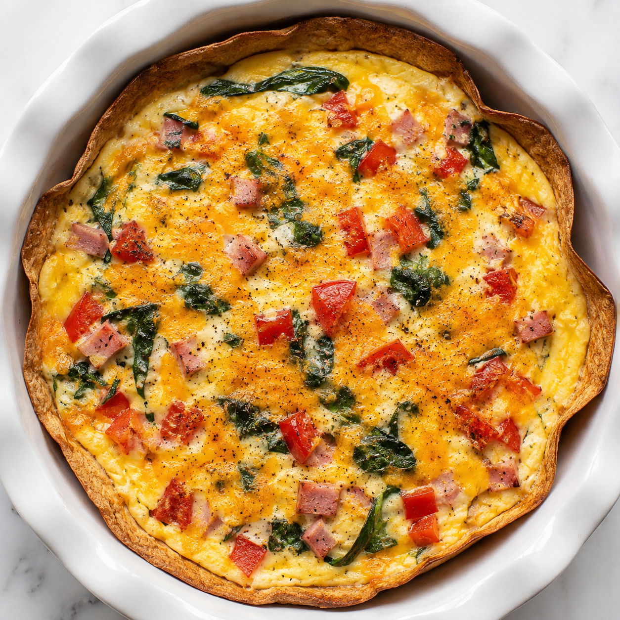 Baked egg tortilla with cheddar, ham, tomato, and spinach in a white dish