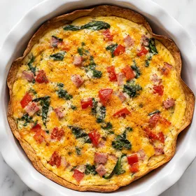 Baked egg tortilla with cheddar, ham, tomato, and spinach in a white dish