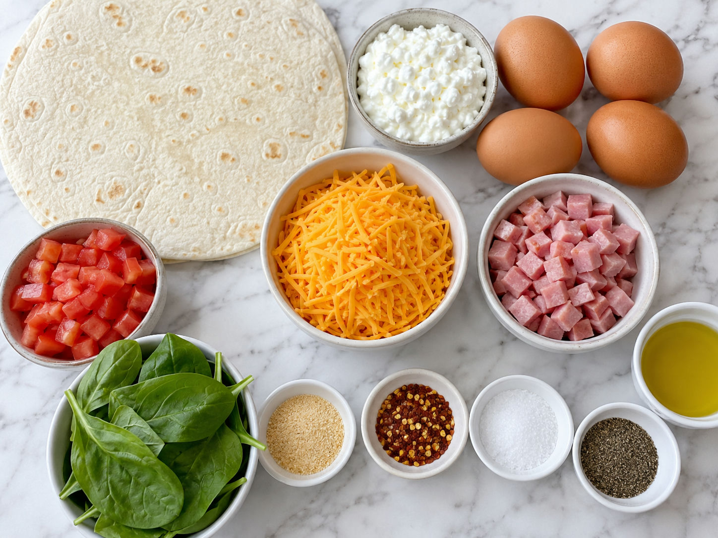 Ingredients for baked egg tortilla with eggs, cheese, ham, tomato, and spinach