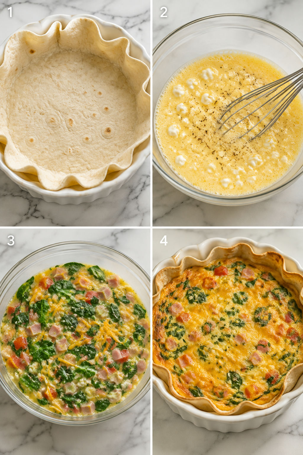 Four steps for making baked egg tortilla from crust to golden egg bake