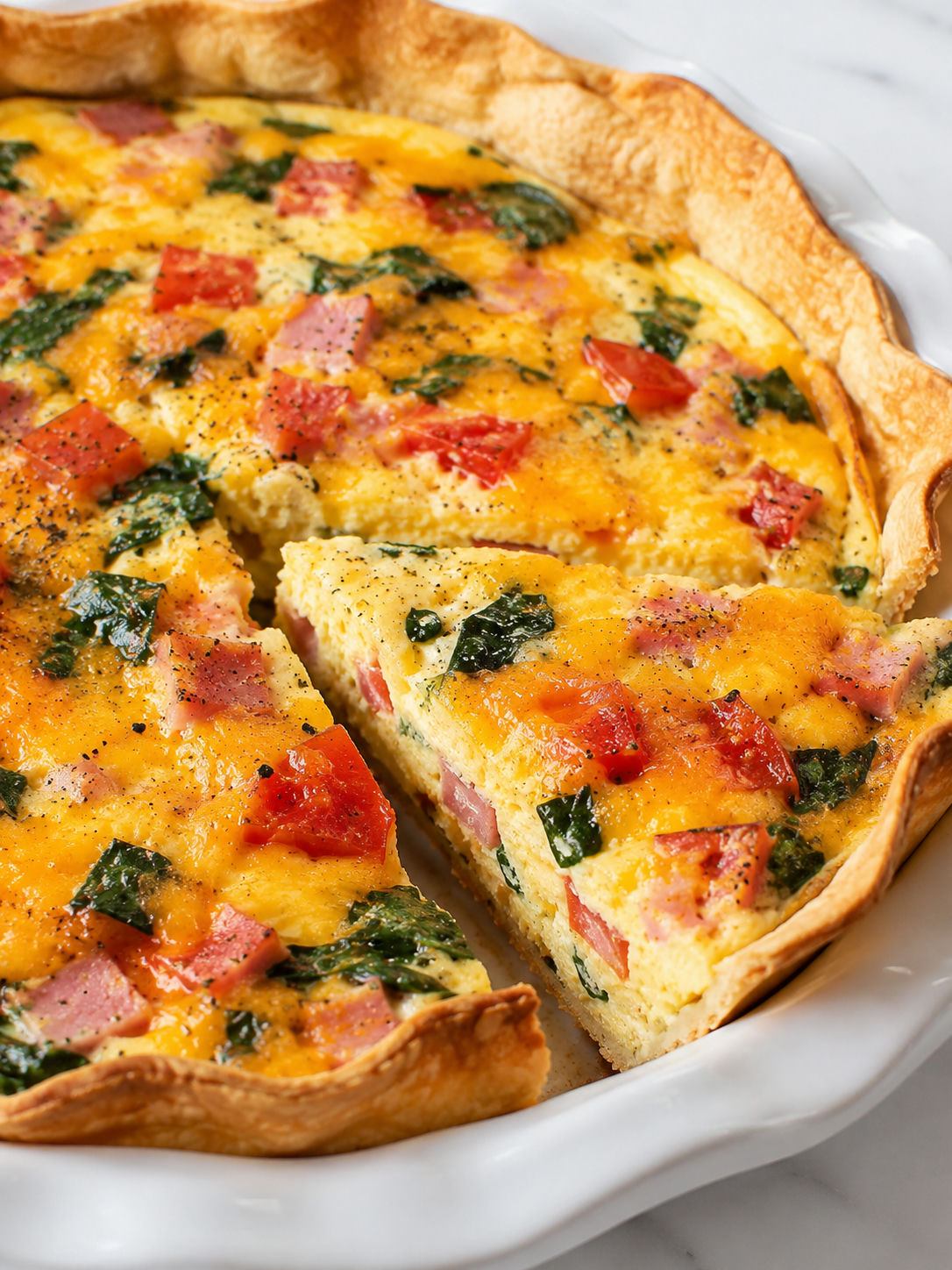 Sliced baked egg tortilla with melted cheddar, ham, tomato, and spinach
