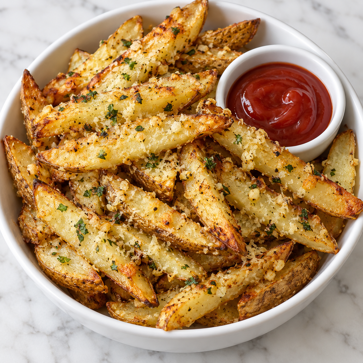 Baked garlic Parmesan fries with parsley in a white bowl