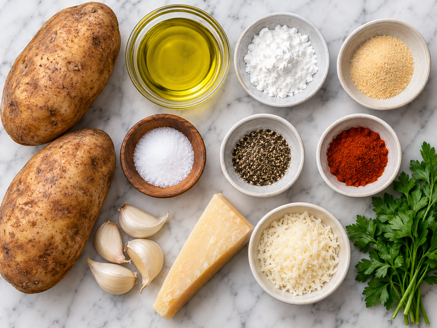 Ingredients for baked garlic Parmesan fries on a wood counter