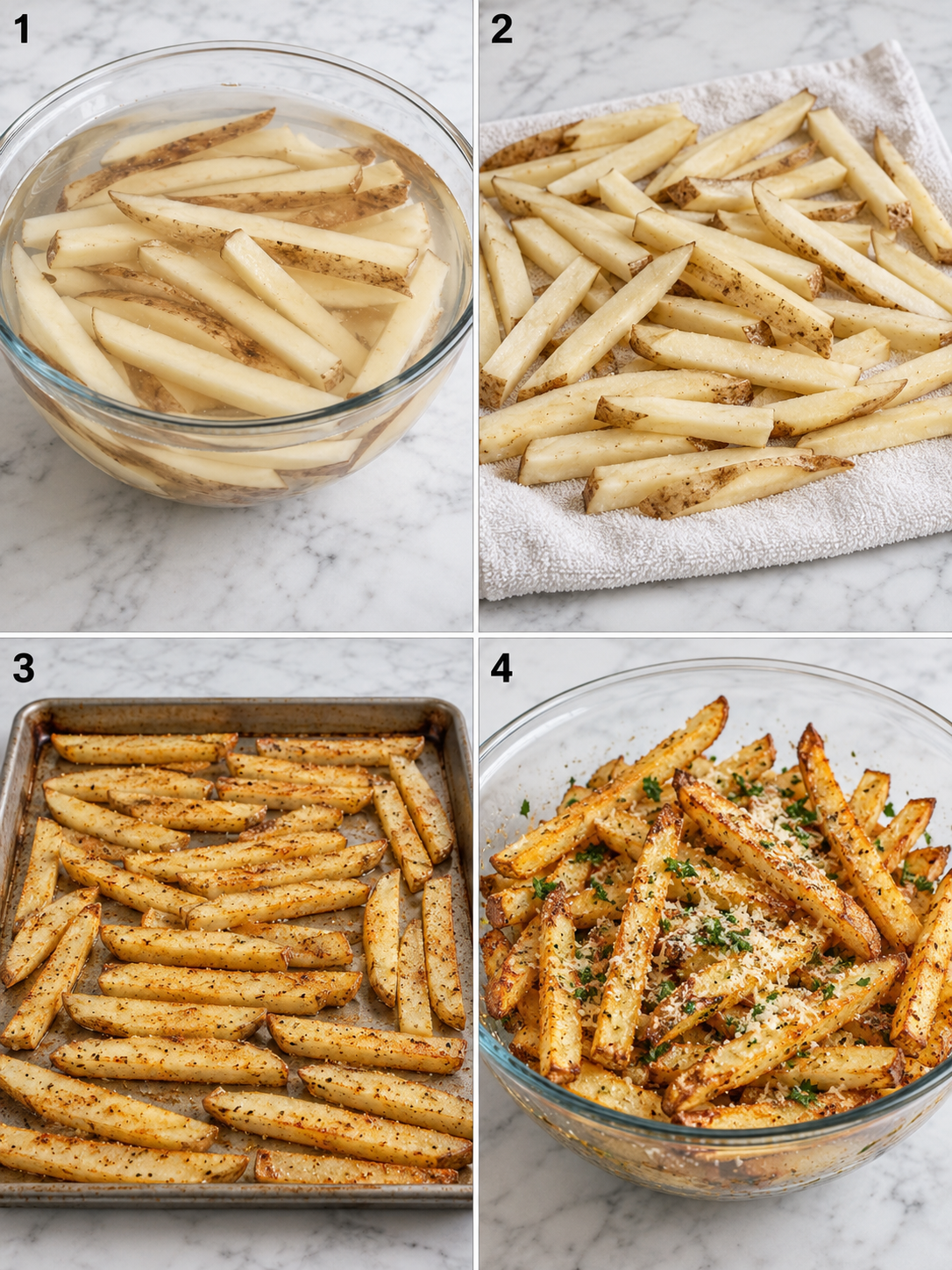 Steps for soaking, drying, baking, and tossing garlic Parmesan fries