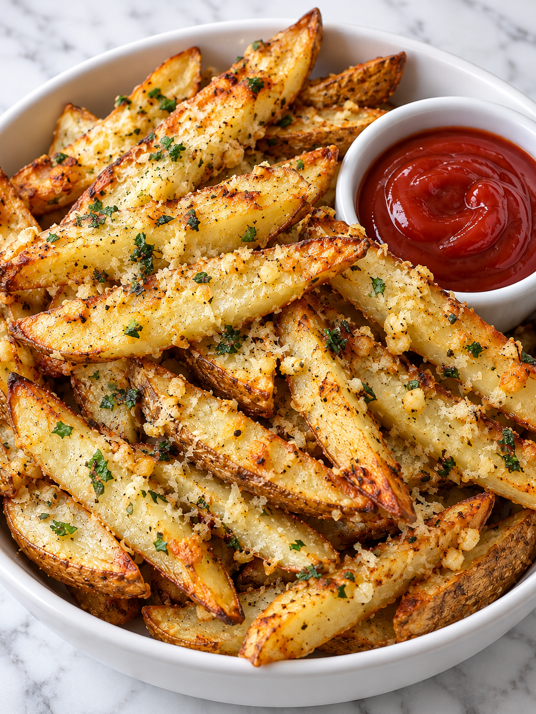Golden baked garlic Parmesan fries with parsley and crisp edges