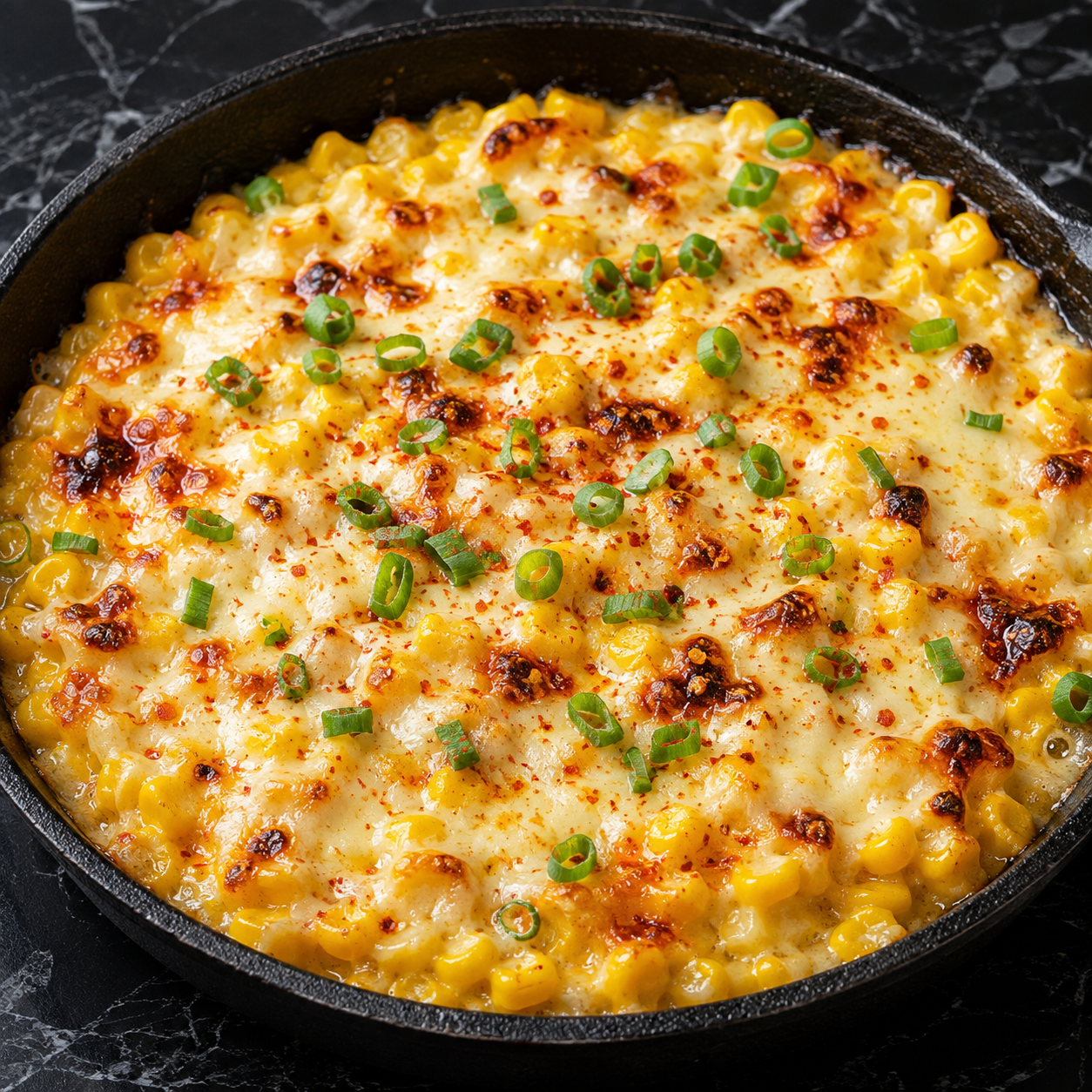 Baked Korean corn cheese dip with scallions and golden mozzarella