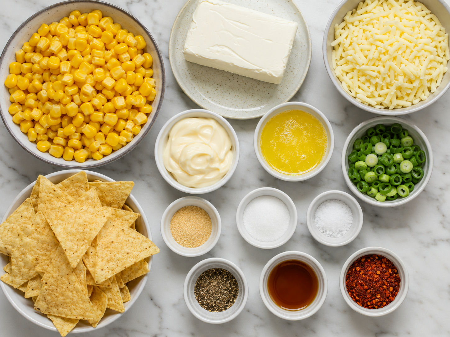 Ingredients for Korean corn cheese dip with corn, mozzarella, scallions, and chips