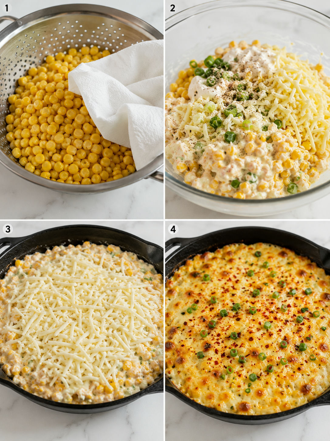 Four steps for making baked Korean corn cheese dip