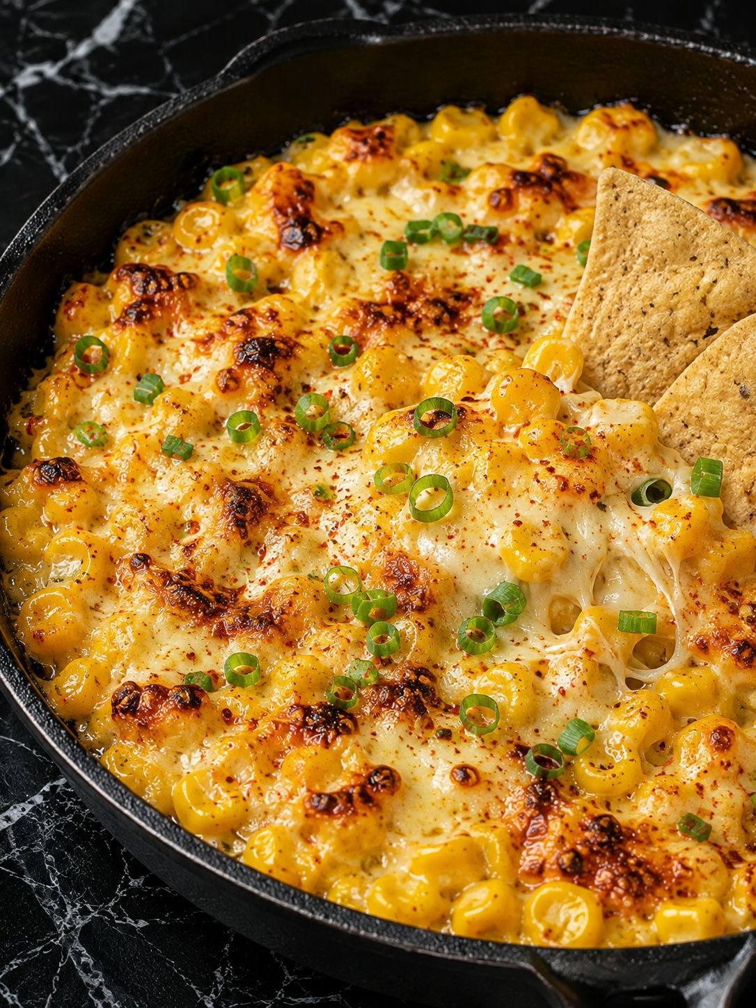Hot Korean corn cheese dip with gooey mozzarella and tortilla chips