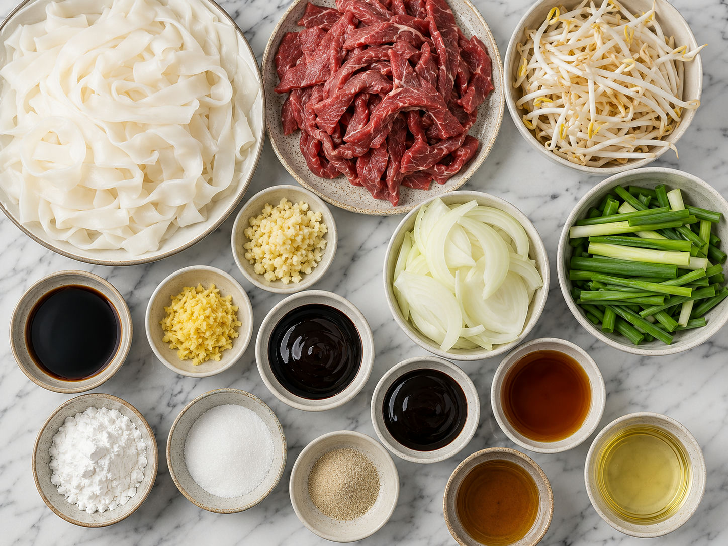 Raw beef chow fun ingredients with rice noodles, beef, sprouts, and scallions