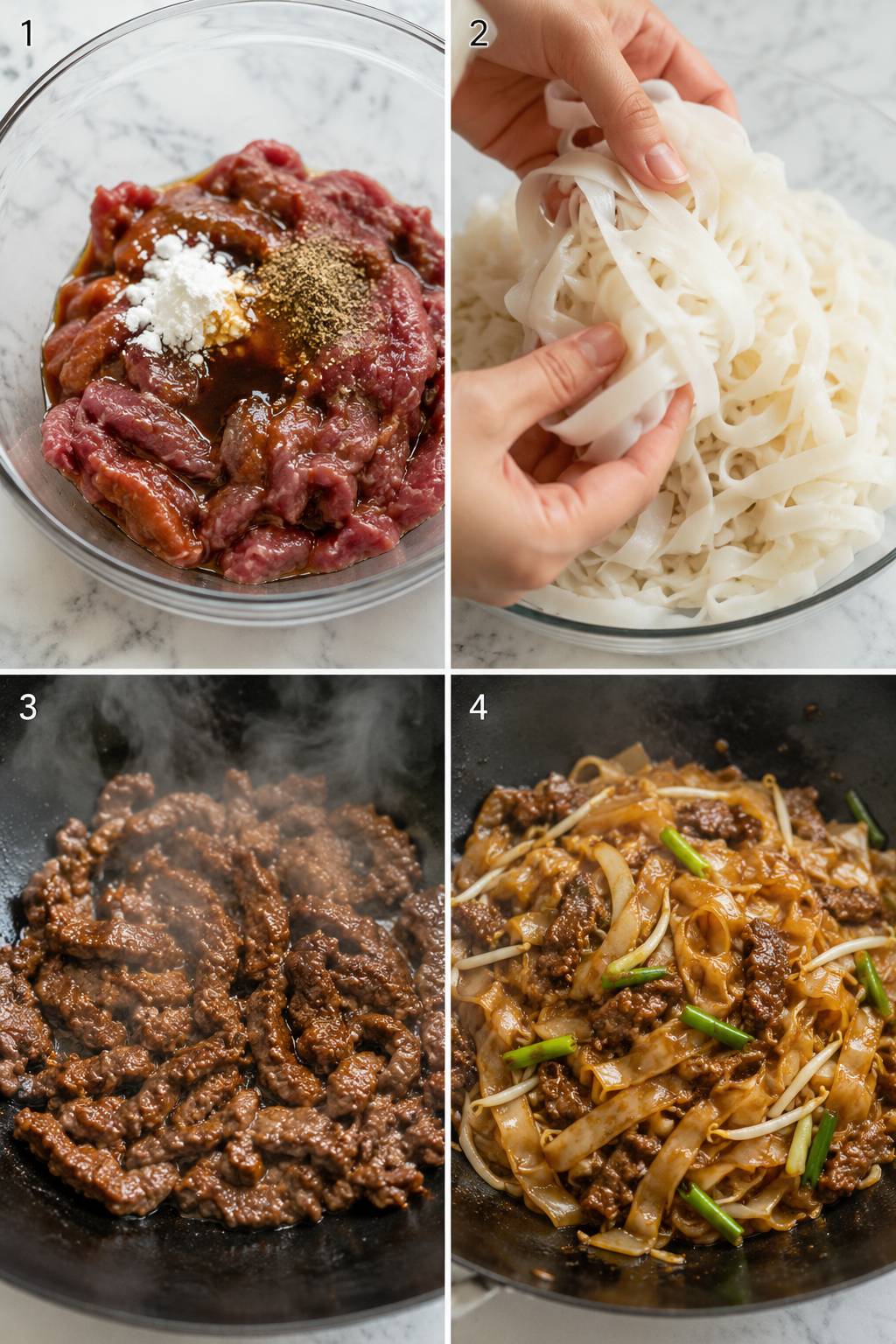 Four steps for making beef chow fun from marinating to tossing noodles