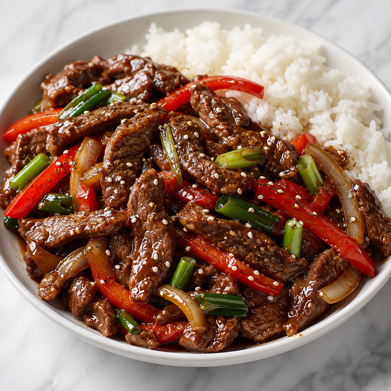 Saucy Asian beef stir-fry with peppers, green onions, and sesame seeds