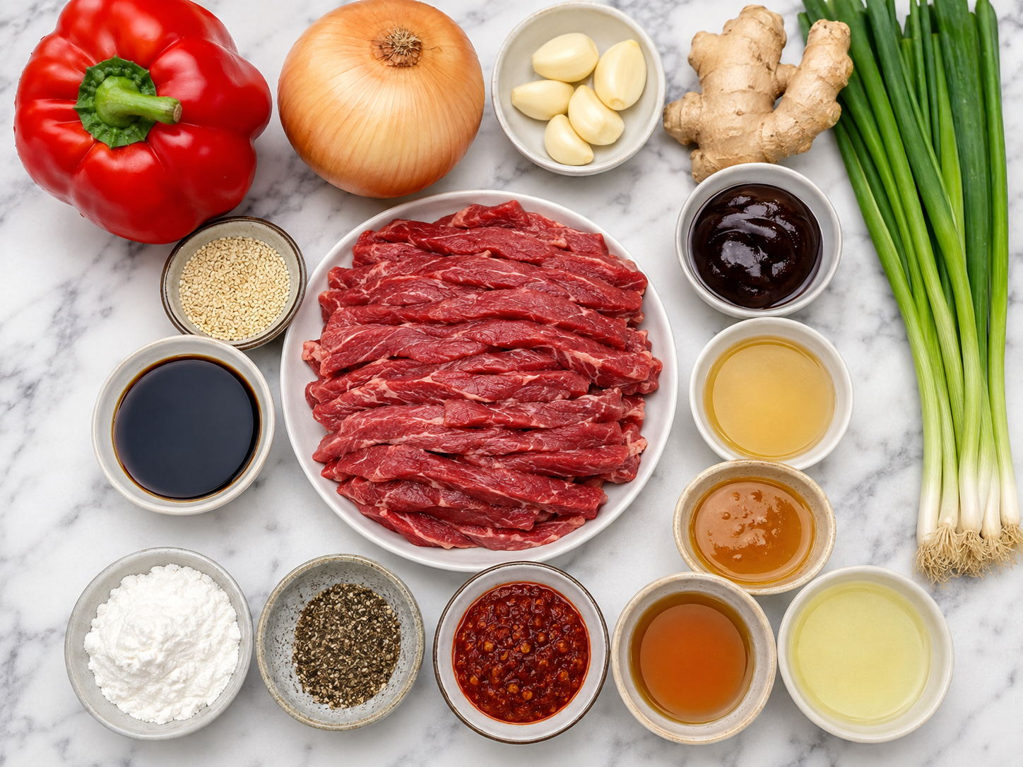 Raw ingredients for saucy beef stir-fry with peppers, aromatics, and sauces