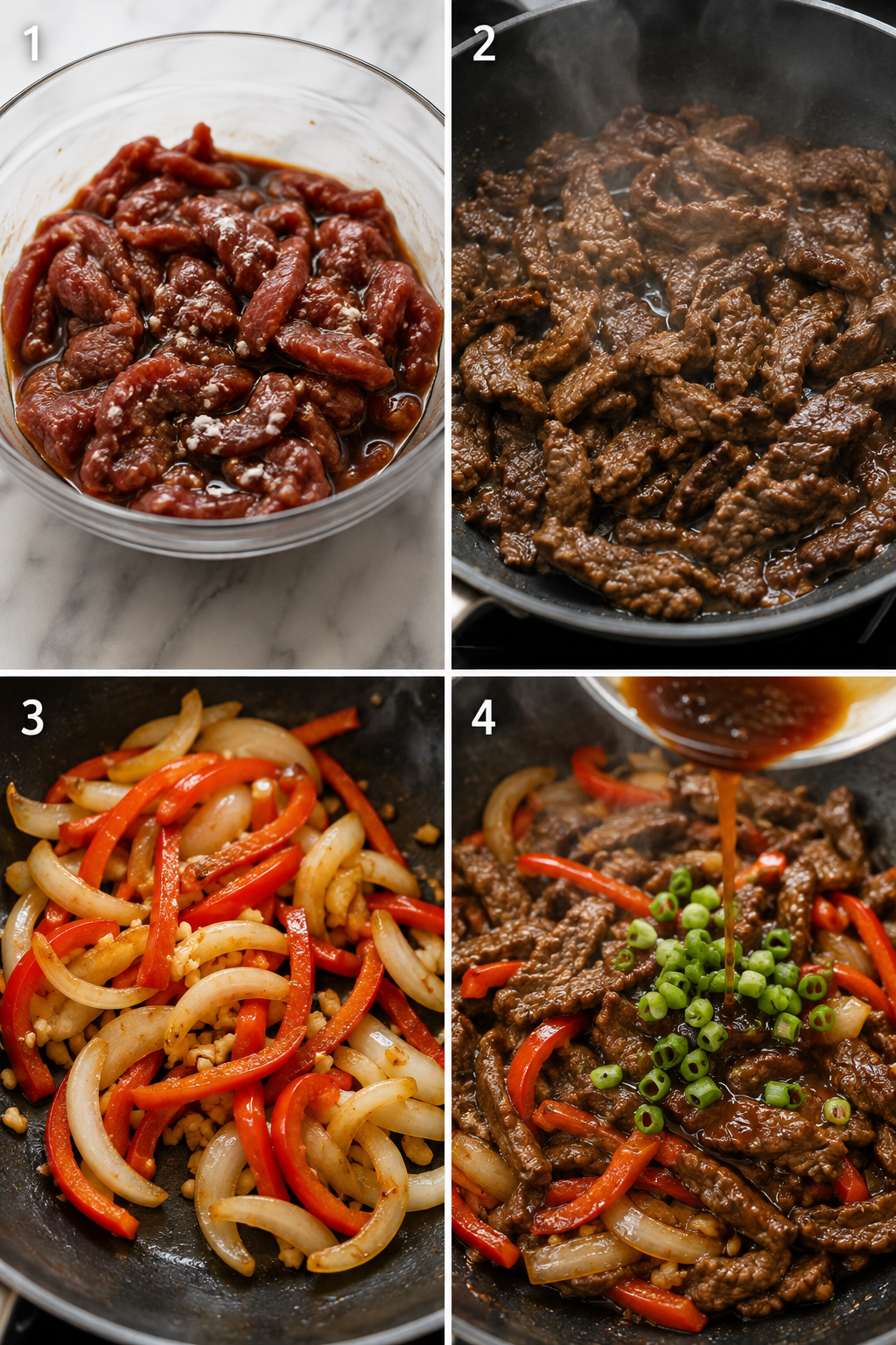 Four steps for making saucy beef stir-fry from marinating to glazing