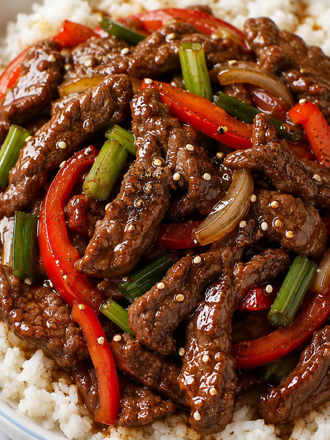 Glossy saucy beef stir-fry over rice with peppers and green onions