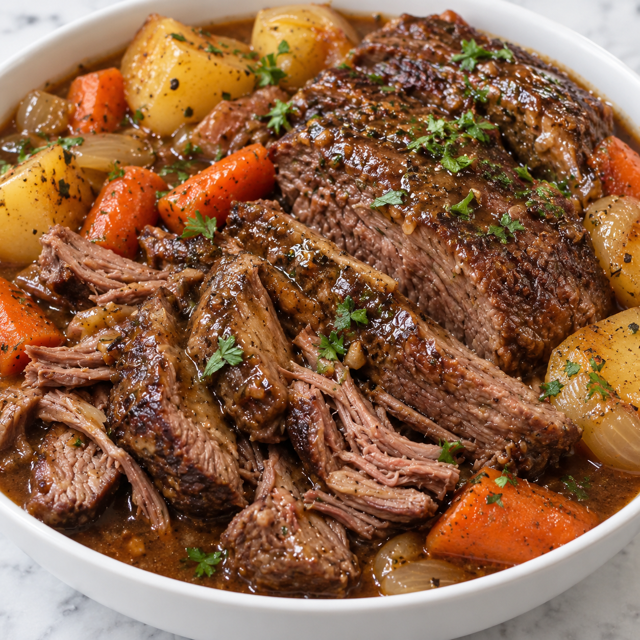 Creole beef roast pot with potatoes, carrots, onions, and pan juices